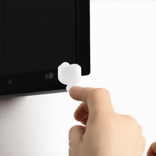 Using Shims to Level a Projector Screen Close-up of hand inserting a shim behind a projector screen bracket on a wall