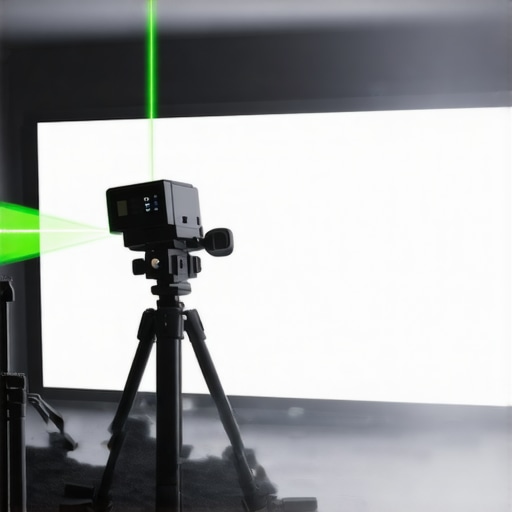 A green laser level projecting lines on a home theater screen for calibration.