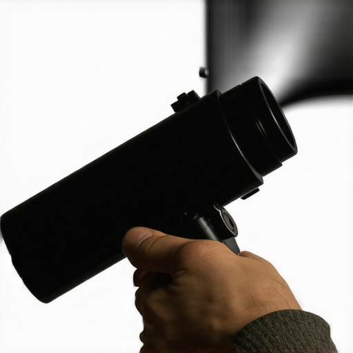 Using a Manual Air Blower on a Projector Lens Close up of a manual air blower removing dust from a professional projector lens to avoid scratches.