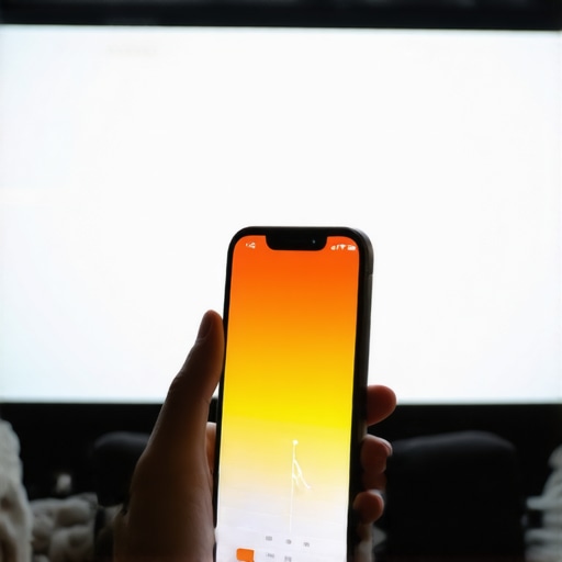A person calibrating a projector screen using a smartphone colorimeter app in a darkened room.