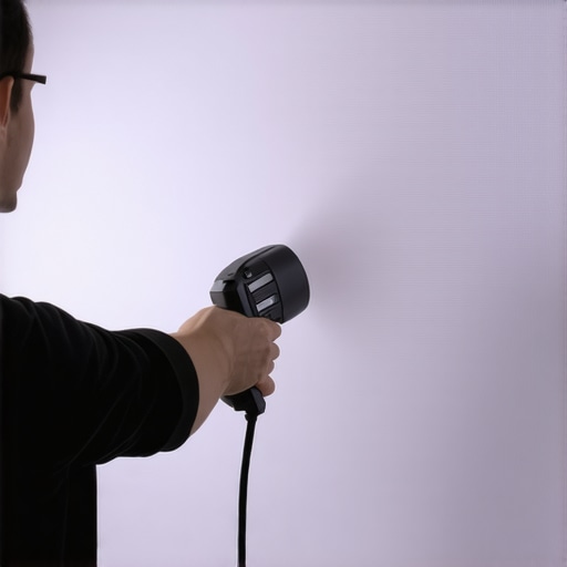 Using a manual air blower for touchless screen cleaning A person using a hand blower to clean a silver projection screen surface.