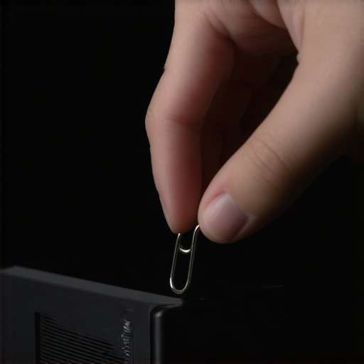 Close up of paperclip being used in emergency eject hole of a media player