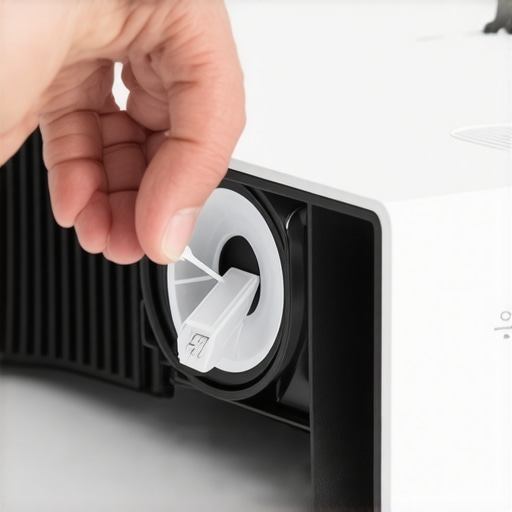 Using a plastic tool for safe projector filter removal Close up of a guitar pick being used to open a projector filter door