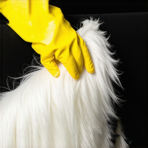 A rubber glove lifting embedded pet hair from a fabric theater recliner.
