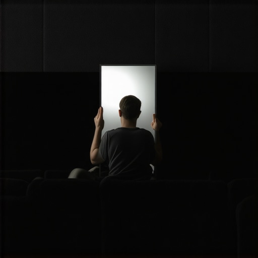 A home theater owner using a mirror to identify first reflection points on a wall for acoustic foam placement.