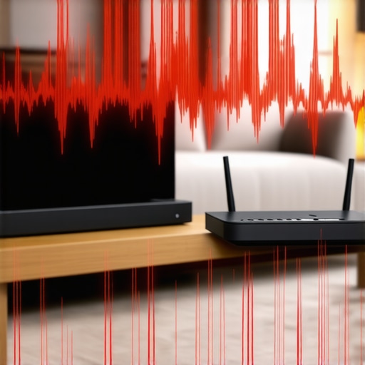 Visualizing Bluetooth and Wi-Fi Interference 3D illustration of signal interference between a soundbar and a Wi-Fi router in a home theater.
